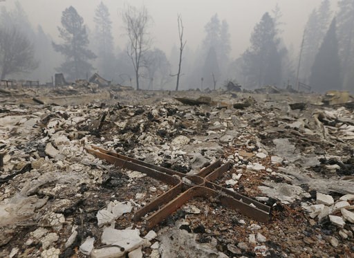 (AP Photo/Rich Pedroncelli). A cross is among the rubble of the Our Savior Lutheran Church Friday, Nov. 9, 2018, in Paradise, Calif. The church was destroyed by a wildfire that swept through the area Thursday. Authorities have confirmed that at least s... (AP Photo/Rich Pedroncelli). A cross is among the rubble of the Our Savior Lutheran Church Friday, Nov. 9, 2018, in Paradise, Calif. The church was destroyed by a wildfire that swept through the area Thursday. Authorities have confirmed that at least s...