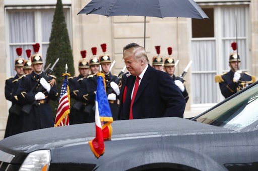(AP Photo/Thibault Camus). U.S President Donald Trump arrives at the Elysee Palace to meet French President Emmanuel Macron in Paris, Saturday, Nov.10, 2018. Trump is joining other world leaders at centennial commemorations in Paris this weekend to mar... (AP Photo/Thibault Camus). U.S President Donald Trump arrives at the Elysee Palace to meet French President Emmanuel Macron in Paris, Saturday, Nov.10, 2018. Trump is joining other world leaders at centennial commemorations in Paris this weekend to mar...