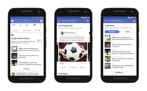 (Facebook via AP). This undated product image provided by Facebook shows Facebook's “Today In” feature that shows people local news and information, including alerts and stuff like road closures, crime reports and school announcements. The service show... (Facebook via AP). This undated product image provided by Facebook shows Facebook's “Today In” feature that shows people local news and information, including alerts and stuff like road closures, crime reports and school announcements. The service show...