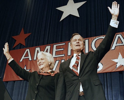 (AP Photo/Scott Applewhite, File). FILE - In this Nov. 8, 1988 file photo, President-elect George H.W. Bush and his wife Barbara wave to supporters in Houston, Texas after winning the presidential election. Bush has died at age 94. Family spokesman Jim... (AP Photo/Scott Applewhite, File). FILE - In this Nov. 8, 1988 file photo, President-elect George H.W. Bush and his wife Barbara wave to supporters in Houston, Texas after winning the presidential election. Bush has died at age 94. Family spokesman Jim...