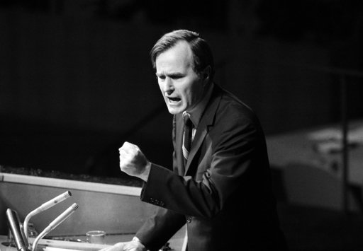 (AP Photo/File). FILE - In this Oct. 18, 1971, file photo, U.S. Ambassador George H.W. Bush gestures as he addresses the United Nations General Assembly during the China debate. He denied the U.S. formula was either a "Two Chinas" or a "One China and o... (AP Photo/File). FILE - In this Oct. 18, 1971, file photo, U.S. Ambassador George H.W. Bush gestures as he addresses the United Nations General Assembly during the China debate. He denied the U.S. formula was either a "Two Chinas" or a "One China and o...