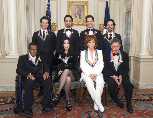(AP Photo/Kevin Wolf). 2018 Kennedy Center Honorees, front row form left, Wayne Shorter, Cher, Reba McEntire, Philip Glass, back row from left, the co-creators of "Hamilton," Thomas Kail, Lin-Manuel Miranda, Andy Blankenbuehler, Alex Lacamoire pose for... (AP Photo/Kevin Wolf). 2018 Kennedy Center Honorees, front row form left, Wayne Shorter, Cher, Reba McEntire, Philip Glass, back row from left, the co-creators of "Hamilton," Thomas Kail, Lin-Manuel Miranda, Andy Blankenbuehler, Alex Lacamoire pose for...
