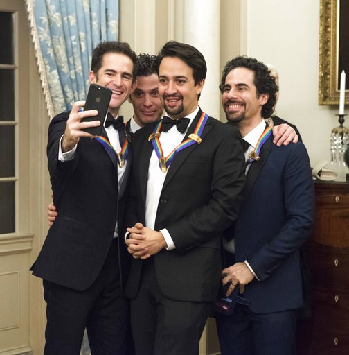 (AP Photo/Kevin Wolf). 2018 Kennedy Center Honorees the co-creators of "Hamilton," from left, Andy Blankenbuehler, Thomas Kail, Lin-Manuel Miranda, and Alex Lacamoire pose for a selfie following the Kennedy Center Honors State Department Dinner on Satu... (AP Photo/Kevin Wolf). 2018 Kennedy Center Honorees the co-creators of "Hamilton," from left, Andy Blankenbuehler, Thomas Kail, Lin-Manuel Miranda, and Alex Lacamoire pose for a selfie following the Kennedy Center Honors State Department Dinner on Satu...