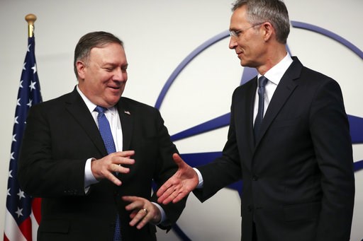 (AP Photo/Francisco Seco, Pool). U.S. Secretary of State Mike Pompeo, left, shakes hands with NATO Secretary General Jens Stoltenberg prior to a meeting at NATO headquarters in Brussels, Tuesday, Dec. 4, 2018. U.S. Secretary of State Mike Pompeo on Tue... (AP Photo/Francisco Seco, Pool). U.S. Secretary of State Mike Pompeo, left, shakes hands with NATO Secretary General Jens Stoltenberg prior to a meeting at NATO headquarters in Brussels, Tuesday, Dec. 4, 2018. U.S. Secretary of State Mike Pompeo on Tue...