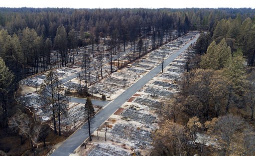 (AP Photo/Noah Berger). Homes leveled by the Camp Fire line the Ridgewood Mobile Home Park retirement community in Paradise, Calif., on Monday, Dec. 3, 2018. (AP Photo/Noah Berger). Homes leveled by the Camp Fire line the Ridgewood Mobile Home Park retirement community in Paradise, Calif., on Monday, Dec. 3, 2018.