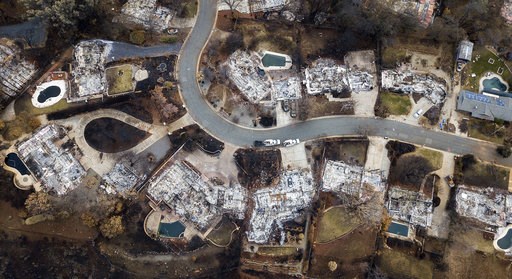 (AP Photo/Noah Berger). Homes leveled by the Camp Fire line Valley Ridge Drive in Paradise, Calif., on Monday, Dec. 3, 2018. (AP Photo/Noah Berger). Homes leveled by the Camp Fire line Valley Ridge Drive in Paradise, Calif., on Monday, Dec. 3, 2018.