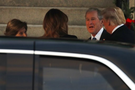 (AP Photo/Jacquelyn Martin). President Donald Trump, right, and first lady Melania Trump, arrive at Blair House and are greeted by former President George W. Bush and former first lady Laura Bush, Tuesday, Dec. 4, 2018, in Washington. (AP Photo/Jacquelyn Martin). President Donald Trump, right, and first lady Melania Trump, arrive at Blair House and are greeted by former President George W. Bush and former first lady Laura Bush, Tuesday, Dec. 4, 2018, in Washington.