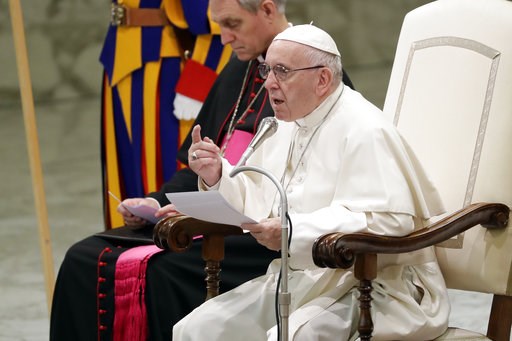 (AP Photo/Andrew Medichini). Pope Francis, flanked by Vatican Prefect of the Pontifical Household, Archbishop Georg Ganswein, delivers his message during a weekly general audience, in the Pope Paul VI hall, at the Vatican, Wednesday, Dec. 5, 2018. (AP Photo/Andrew Medichini). Pope Francis, flanked by Vatican Prefect of the Pontifical Household, Archbishop Georg Ganswein, delivers his message during a weekly general audience, in the Pope Paul VI hall, at the Vatican, Wednesday, Dec. 5, 2018.
