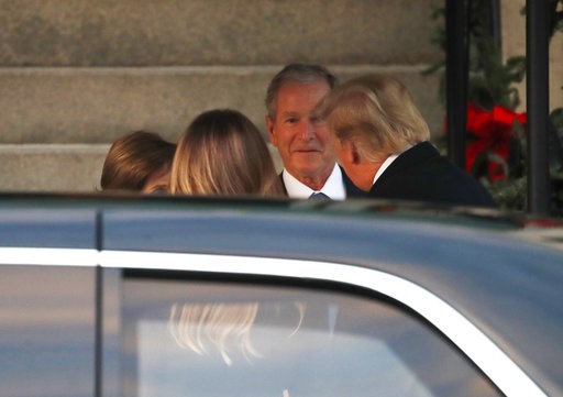 (AP Photo/Jacquelyn Martin). President Donald Trump, right, and first lady Melania Trump, arrive at the Blair House and are greeted by former President George W. Bush and former first lady Laura Bush, Tuesday, Dec. 4, 2018, at the Blair House in Washin... (AP Photo/Jacquelyn Martin). President Donald Trump, right, and first lady Melania Trump, arrive at the Blair House and are greeted by former President George W. Bush and former first lady Laura Bush, Tuesday, Dec. 4, 2018, at the Blair House in Washin...