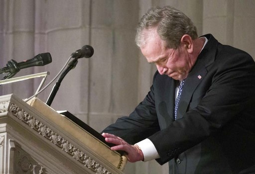 (AP Photo/Alex Brandon, Pool). Former President George W. Bush becomes emotional as he speaks at the State Funeral for his father, former President George H.W. Bush, at the National Cathedral, Wednesday, Dec. 5, 2018, in Washington. (AP Photo/Alex Brandon, Pool). Former President George W. Bush becomes emotional as he speaks at the State Funeral for his father, former President George H.W. Bush, at the National Cathedral, Wednesday, Dec. 5, 2018, in Washington.