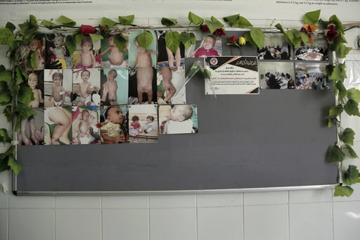 (AP Photo/Nariman El-Mofty, File). FILE - This Feb. 13, 2018, file, photo shows photographs of severely malnourished infants hung on wall in the administrative office at the Aden Hospital, in Yemen. Envoys from Yemen’s warring parties are headed to Swe... (AP Photo/Nariman El-Mofty, File). FILE - This Feb. 13, 2018, file, photo shows photographs of severely malnourished infants hung on wall in the administrative office at the Aden Hospital, in Yemen. Envoys from Yemen’s warring parties are headed to Swe...