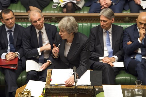 (UK Parliament, Mark Duffy via AP). Britain's Prime Minister Theresa May, centre, gives a reply to lawmakers during the scheduled Prime Minister's Questions time, in the House of Commons, London, Wednesday Dec. 5, 2018. Britain’s House of Commons opene... (UK Parliament, Mark Duffy via AP). Britain's Prime Minister Theresa May, centre, gives a reply to lawmakers during the scheduled Prime Minister's Questions time, in the House of Commons, London, Wednesday Dec. 5, 2018. Britain’s House of Commons opene...