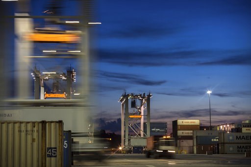 (AP Photo/Stephen B. Morton, File). In this July, 5, 2018 photo, a group of rubber tire gantry move to the next stack of shipping containers at the Port of Savannah in Savannah, Ga. On Thursday, Dec. 6, the Commerce Department reports on the U.S. trade... (AP Photo/Stephen B. Morton, File). In this July, 5, 2018 photo, a group of rubber tire gantry move to the next stack of shipping containers at the Port of Savannah in Savannah, Ga. On Thursday, Dec. 6, the Commerce Department reports on the U.S. trade...