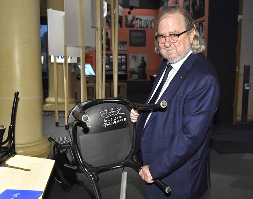 (Claudio Bresciani/TT via AP). The 2018 Nobel Physiology or Medicine laureate, Professor James P. Allison poses during the traditional Nobel Chair Signing ceremony at the Nobel Museum in Stockholm, Sweden, on Thursday Dec. 6, 2018. (Claudio Bresciani/TT via AP). The 2018 Nobel Physiology or Medicine laureate, Professor James P. Allison poses during the traditional Nobel Chair Signing ceremony at the Nobel Museum in Stockholm, Sweden, on Thursday Dec. 6, 2018.