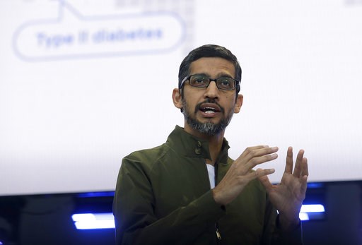 (AP Photo/Jeff Chiu, File). FILE - In this May 8, 2018, file photo, Google CEO Sundar Pichai speaks at the Google I/O conference in Mountain View, Calif. Top executives from Google, Microsoft, IBM, Oracle and Qualcomm are planning to meet at the White ... (AP Photo/Jeff Chiu, File). FILE - In this May 8, 2018, file photo, Google CEO Sundar Pichai speaks at the Google I/O conference in Mountain View, Calif. Top executives from Google, Microsoft, IBM, Oracle and Qualcomm are planning to meet at the White ...