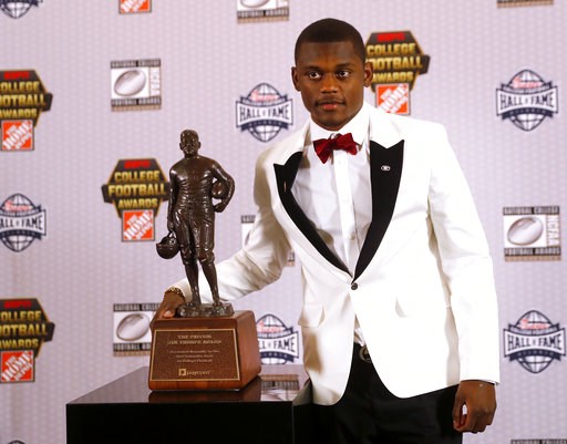 (AP Photo/John Bazemore). Georgia's Deandre Baker poses with the trophy after winning the Jim Thorpe Award as top defensive back in college football Thursday, Dec. 6, 2018, in Atlanta. (AP Photo/John Bazemore). Georgia's Deandre Baker poses with the trophy after winning the Jim Thorpe Award as top defensive back in college football Thursday, Dec. 6, 2018, in Atlanta.