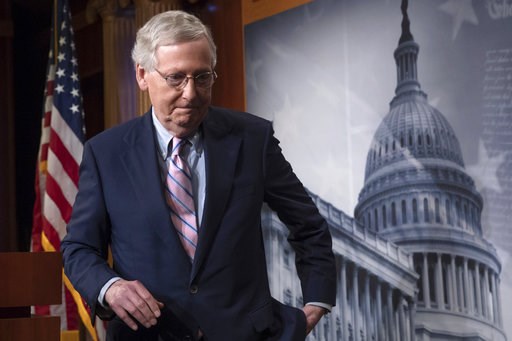 (AP Photo/J. Scott Applewhite). FILE - In this Oct. 6, 2018 file photo, Senate Majority Leader Mitch McConnell, R-Ky., finishes speaking to reporters at the Capitol in Washington. McConnell’s blockade of a popular criminal justice reform package has a... (AP Photo/J. Scott Applewhite). FILE - In this Oct. 6, 2018 file photo, Senate Majority Leader Mitch McConnell, R-Ky., finishes speaking to reporters at the Capitol in Washington. McConnell’s blockade of a popular criminal justice reform package has a...