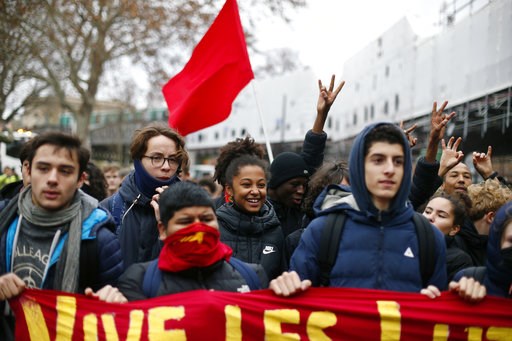 (AP Photo/Thibault Camus). School children demonstrate in Paris, Friday Dec.7, 2018. Footage showing the brutal arrest of high school students protesting outside Paris is causing a stir ahead of further anti-government protests this weekend. (AP Photo/Thibault Camus). School children demonstrate in Paris, Friday Dec.7, 2018. Footage showing the brutal arrest of high school students protesting outside Paris is causing a stir ahead of further anti-government protests this weekend.