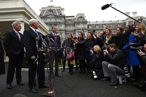 (AP Photo/Susan Walsh). Vice President Mike Pence, second from left, standing with House Minority Leader Kevin McCarthy of Calif., left, and Sen. John Thune, R-S.D., third from left, calls on a reporter following a meeting with President Donald Trump a... (AP Photo/Susan Walsh). Vice President Mike Pence, second from left, standing with House Minority Leader Kevin McCarthy of Calif., left, and Sen. John Thune, R-S.D., third from left, calls on a reporter following a meeting with President Donald Trump a...