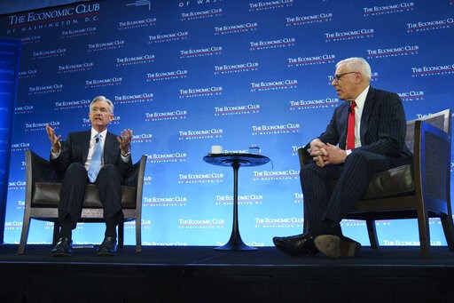(AP Photo/Carolyn Kaster). Federal Reserve Board Chair Jerome Powell talks with Carlyle Group co-CEO David Rubenstein during the Economic Club of Washington luncheon, in Washington, Thursday, Jan. 10, 2019. (AP Photo/Carolyn Kaster). Federal Reserve Board Chair Jerome Powell talks with Carlyle Group co-CEO David Rubenstein during the Economic Club of Washington luncheon, in Washington, Thursday, Jan. 10, 2019.
