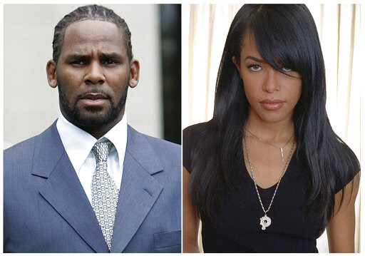 (AP Photo). This combination photo shows singer R. Kelly after the first day of jury selection in his child pornography trial at the Cook County Criminal Courthouse in Chicago on May 9, 2008, left, the late R&B singer and actress Aaliyah during a p... (AP Photo). This combination photo shows singer R. Kelly after the first day of jury selection in his child pornography trial at the Cook County Criminal Courthouse in Chicago on May 9, 2008, left, the late R&B singer and actress Aaliyah during a p...