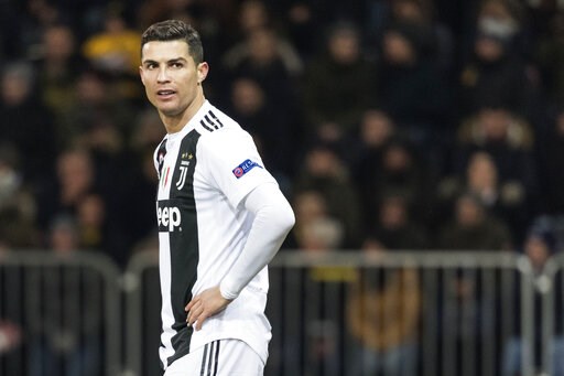 (Alessandro della Valle/Keystone via AP, File). FILE - In this Dec. 12, 2018, file photo, Juventus' Cristiano Ronaldo reacts during the Champions League match at the Stade de Suisse in Bern, Switzerland. Police in Las Vegas say they are still investiga...