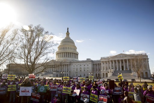 (AP Photo/Andrew Harnik). Union members protest the government shutdown on Capitol Hill in Washington, Thursday, Jan. 10, 2019. (AP Photo/Andrew Harnik). Union members protest the government shutdown on Capitol Hill in Washington, Thursday, Jan. 10, 2019.
