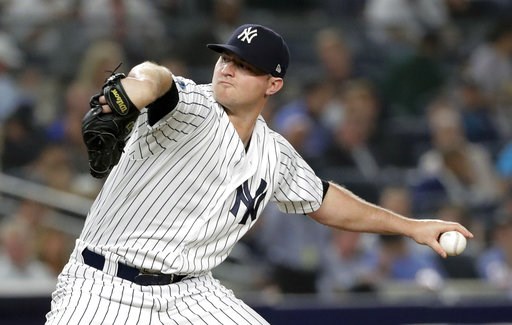 (AP Photo/Frank Franklin II, File). FILE - In this Tuesday, Oct. 9, 2018 file photo, New York Yankees relief pitcher Zach Britton delivers against the Boston Red Sox during the fourth inning of Game 4 of baseball's American League Division Series in Ne...