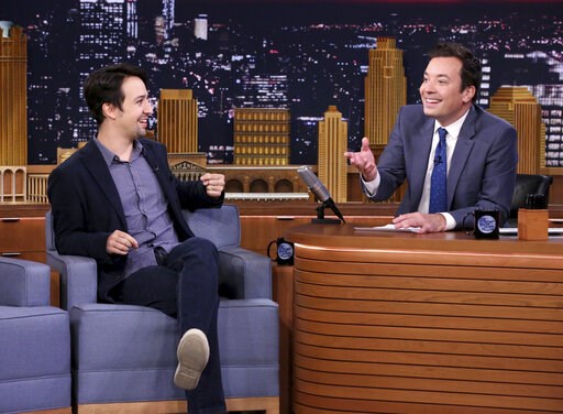 (Andrew Lipovsky/NBCU Photo Bank via AP). This Oct. 4, 2016 image released by NBC shows Lin-Manuel Miranda during an interview with host Jimmy Fallon on "The Tonight Show Starring Jimmy Fallon," in New York. Fallon’s “Tonight Show” broadcast from Puert...