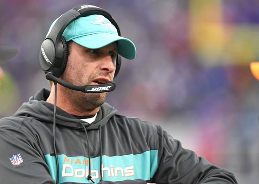 (AP Photo/Adrian Kraus, File). FILE - In this Sunday, Dec. 30, 2018 file photo, Miami Dolphins head coach Adam Gase watches the first half of an NFL football game against the Buffalo Bills in Orchard Park, N.Y. A person familiar with the decision says ...
