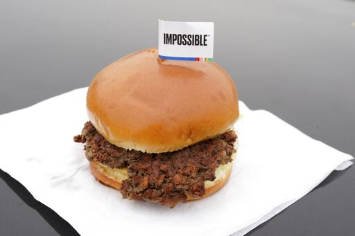(AP Photo/Nati Harnik). The Impossible Burger, a plant-based burger containing wheat protein, coconut oil and potato protein among it's ingredients, is seen Friday, Jan. 11, 2019. The ingredients of the Impossible Burger are clearly printed on the menu... (AP Photo/Nati Harnik). The Impossible Burger, a plant-based burger containing wheat protein, coconut oil and potato protein among it's ingredients, is seen Friday, Jan. 11, 2019. The ingredients of the Impossible Burger are clearly printed on the menu...