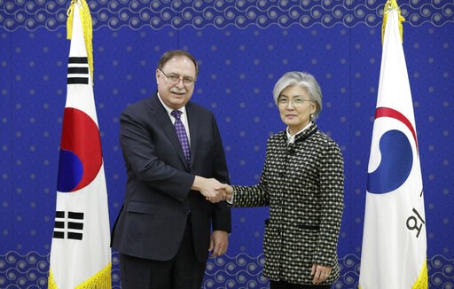 (AP Photo/Lee Jin-man, Pool). South Korean Foreign Minister Kang Kyung-wha, right, and Timothy Betts, acting Deputy Assistant Secretary and Senior Advisor for Security Negotiations and Agreements in the U.S. Department of State, shake hands for the med... (AP Photo/Lee Jin-man, Pool). South Korean Foreign Minister Kang Kyung-wha, right, and Timothy Betts, acting Deputy Assistant Secretary and Senior Advisor for Security Negotiations and Agreements in the U.S. Department of State, shake hands for the med...