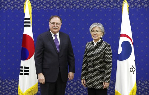 (AP Photo/Lee Jin-man, Pool). South Korean Foreign Minister Kang Kyung-wha, right, and Timothy Betts, acting Deputy Assistant Secretary and Senior Advisor for Security Negotiations and Agreements in the U.S. Department of State, stand for the media bef... (AP Photo/Lee Jin-man, Pool). South Korean Foreign Minister Kang Kyung-wha, right, and Timothy Betts, acting Deputy Assistant Secretary and Senior Advisor for Security Negotiations and Agreements in the U.S. Department of State, stand for the media bef...