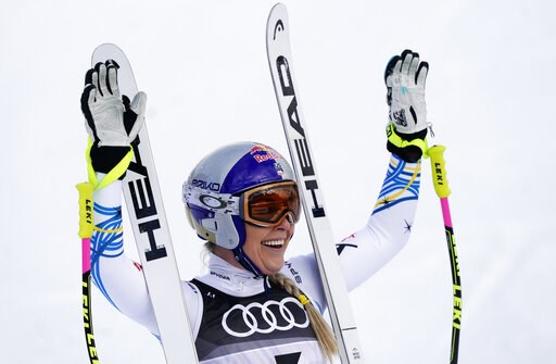 (AP Photo/Giovanni Auletta). United States' Lindsey Vonn smiles in the finish area after the women's downhill race, at the alpine ski World Championships in Are, Sweden, Sunday, Feb. 10, 2019. (AP Photo/Giovanni Auletta). United States' Lindsey Vonn smiles in the finish area after the women's downhill race, at the alpine ski World Championships in Are, Sweden, Sunday, Feb. 10, 2019.