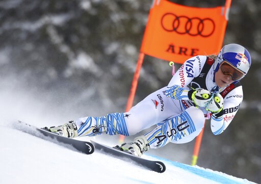 (AP Photo/Alessandro Trovati). Lindsey Vonn speeds down the course during the women's downhill race, at the alpine ski World Championships in Are, Sweden, Sunday, Feb. 10, 2019. (AP Photo/Alessandro Trovati). Lindsey Vonn speeds down the course during the women's downhill race, at the alpine ski World Championships in Are, Sweden, Sunday, Feb. 10, 2019.