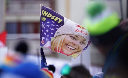 (AP Photo/Giovanni Auletta). Supporters hold a flag with a portrait of United States' Lindsey Vonn in the finish area prior to the start of the women's downhill race, at the alpine ski World Championships in Are, Sweden, Sunday, Feb. 10, 2019. (AP Photo/Giovanni Auletta). Supporters hold a flag with a portrait of United States' Lindsey Vonn in the finish area prior to the start of the women's downhill race, at the alpine ski World Championships in Are, Sweden, Sunday, Feb. 10, 2019.