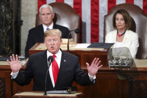 (AP Photo/Andrew Harnik). In this Feb. 5, 2019 photo, President Donald Trump delivers his State of the Union address to a joint session of Congress on Capitol Hill in Washington, as Vice President Mike Pence and Speaker of the House Nancy Pelosi, D-Cal... (AP Photo/Andrew Harnik). In this Feb. 5, 2019 photo, President Donald Trump delivers his State of the Union address to a joint session of Congress on Capitol Hill in Washington, as Vice President Mike Pence and Speaker of the House Nancy Pelosi, D-Cal...