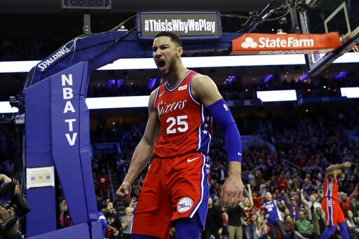 (AP Photo/Matt Slocum). Philadelphia 76ers' Ben Simmons reacts after being fouled during the second half of the team's NBA basketball game against the Denver Nuggets, Friday, Feb. 8, 2019, in Philadelphia. Philadelphia won 117-110.