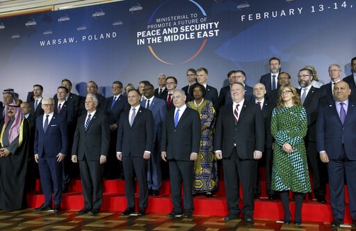 (AP Photo/Michael Sohn). Front row third from left, United States Vice President Mike Pence, fourth from left, Poland's President Andrzej Duda, fifth from left, Israeli Prime Minister Benjamin Netanyahu and sixth from left, United States Secretary of S... (AP Photo/Michael Sohn). Front row third from left, United States Vice President Mike Pence, fourth from left, Poland's President Andrzej Duda, fifth from left, Israeli Prime Minister Benjamin Netanyahu and sixth from left, United States Secretary of S...