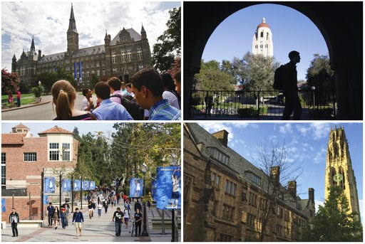 (AP Photos). This combination of images shows college campuses, clockwise from top left, Georgetown University, Stanford University, Yale University, and University of California, Los Angeles. Prosecutors said dozens of parents paid bribes to alter the... (AP Photos). This combination of images shows college campuses, clockwise from top left, Georgetown University, Stanford University, Yale University, and University of California, Los Angeles. Prosecutors said dozens of parents paid bribes to alter the...