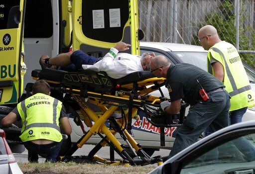 (AP Photo/Mark Baker). Ambulance staff take a man from outside a mosque in central Christchurch, New Zealand, Friday, March 15, 2019. A witness says many people have been killed in a mass shooting at a mosque in the New Zealand city of Christchurch. (AP Photo/Mark Baker). Ambulance staff take a man from outside a mosque in central Christchurch, New Zealand, Friday, March 15, 2019. A witness says many people have been killed in a mass shooting at a mosque in the New Zealand city of Christchurch.