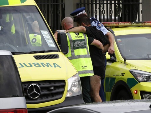 (AP Photo/Mark Baker). Police and ambulance staff help a wounded man from outside a mosque in central Christchurch, New Zealand, Friday, March 15, 2019. A witness says many people have been killed in a mass shooting at a mosque in the New Zealand city... (AP Photo/Mark Baker). Police and ambulance staff help a wounded man from outside a mosque in central Christchurch, New Zealand, Friday, March 15, 2019. A witness says many people have been killed in a mass shooting at a mosque in the New Zealand city...