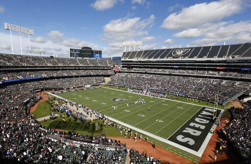 (AP Photo/D. Ross Cameron, File). FILE - In this Oct. 28, 2018, file photo, fans watch during the first half of an NFL football game between the Oakland Raiders and the Indianapolis Colts at Oakland Alameda County Coliseum in Oakland, Calif. The Colise...