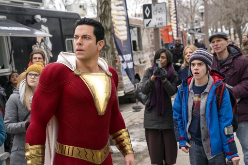 (Steve Wilkie/Warner Bros. Entertainment via AP). This image released by Warner Bros. shows Zachary Levi, left, and Jack Dylan Grazer in a scene from "Shazam!" (Steve Wilkie/Warner Bros. Entertainment via AP). This image released by Warner Bros. shows Zachary Levi, left, and Jack Dylan Grazer in a scene from "Shazam!"