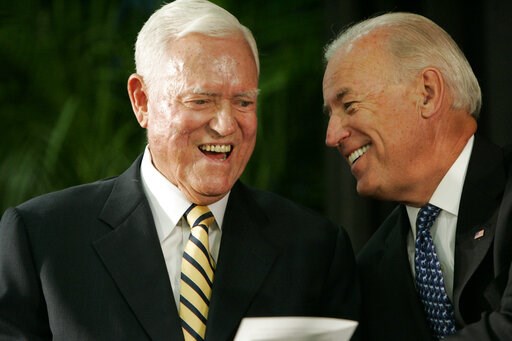 (AP Photo/Mary Ann Chastain, File). FILE - In this Friday, July 23, 2010, file photo, Vice President Joe Biden chats with former U.S. Sen. Ernest Fritz Hollings during the dedication ceremony of the new Ernest F. Hollings Special Collections Library in... (AP Photo/Mary Ann Chastain, File). FILE - In this Friday, July 23, 2010, file photo, Vice President Joe Biden chats with former U.S. Sen. Ernest Fritz Hollings during the dedication ceremony of the new Ernest F. Hollings Special Collections Library in...