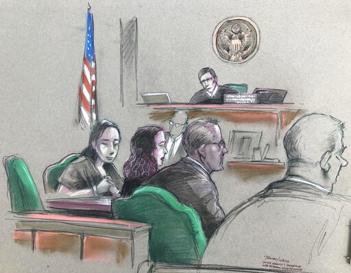 (Daniel Pontet via AP). In this artist sketch, a Chinese woman, Yujing Zhang, left, listens to a hearing Monday, April 8, 2019, before federal Magistrate Judge William Matthewman in West Palm Beach, Fla. Secret Service agents arrested the 32-year-old w...