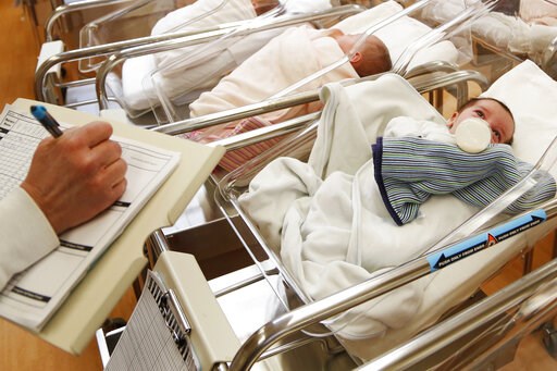 (AP Photo/Seth Wenig, File). FILE - This Feb. 16, 2017 file photo shows newborn babies in the nursery of a postpartum recovery center in upstate New York. According to a government report released Wednesday, May 15, 2019, U.S. birth rates reached recor... (AP Photo/Seth Wenig, File). FILE - This Feb. 16, 2017 file photo shows newborn babies in the nursery of a postpartum recovery center in upstate New York. According to a government report released Wednesday, May 15, 2019, U.S. birth rates reached recor...