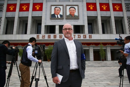 (AP Photo/Wong Maye-E). This Monday, May 9, 2016 photo shows The Associated Press' Pyongyang Bureau Chief Eric Talmadge in front of the April 25 House of Culture where the party congress is held in the North Korean capital. Talmadge, who as North Korea...