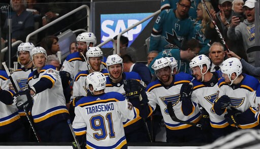 Blues move to brink of Cup final with 5-0 win over Sharks