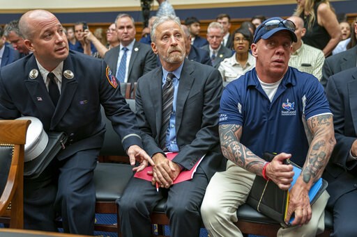 (AP Photo/J. Scott Applewhite). Entertainer and activist Jon Stewart lends his support to firefighters, first responders and survivors of the September 11 terror attacks at a hearing by the House Judiciary Committee as it considers permanent authorizat... (AP Photo/J. Scott Applewhite). Entertainer and activist Jon Stewart lends his support to firefighters, first responders and survivors of the September 11 terror attacks at a hearing by the House Judiciary Committee as it considers permanent authorizat...